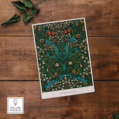 Exhibition Art Print William Morris Tulip Famous Pattern Arts Crafts Floral Poster Wall Art on wooden surface.