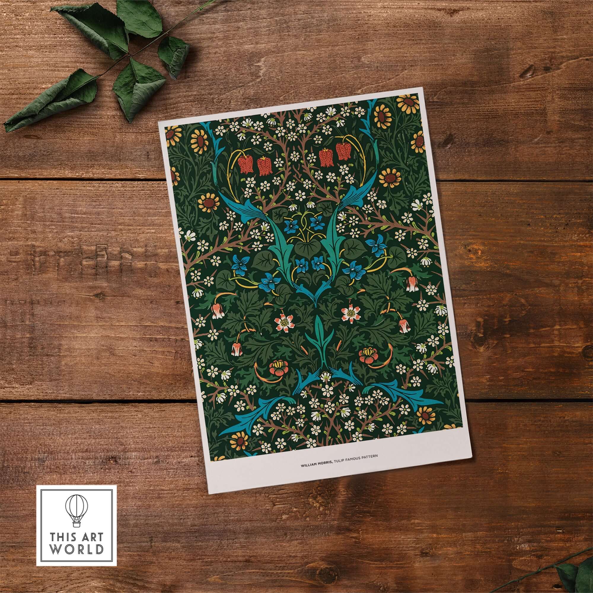 Exhibition Art Print William Morris Tulip Famous Pattern Arts Crafts Floral Poster Wall Art on wooden surface.