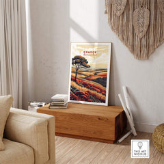 Exmoor Art Print showcasing vibrant landscapes in a stylish living room setting.