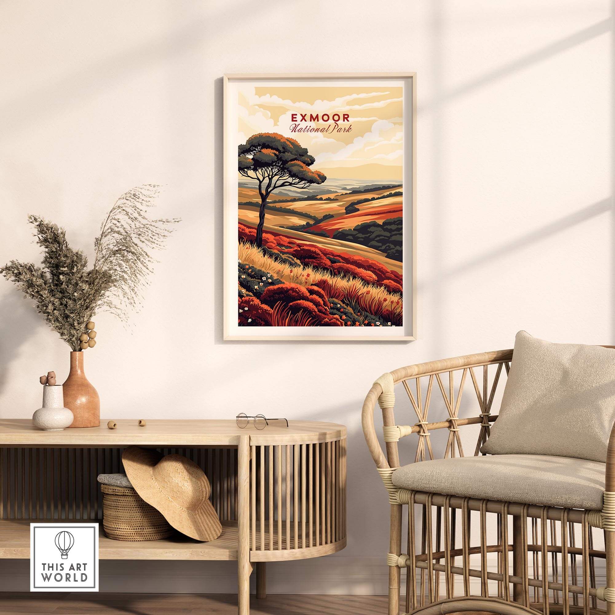 Exmoor Art Print displayed in a modern interior, showcasing vibrant landscapes of UK National Parks.