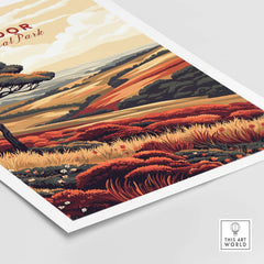 Exmoor Art Print showcasing vibrant landscapes of Exmoor National Park with colorful vegetation and scenic views.