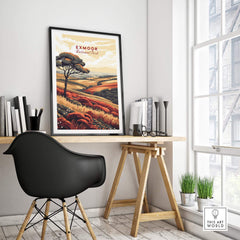 Exmoor Art Print displayed in a stylish home office setting, showcasing vibrant landscapes of UK National Parks.