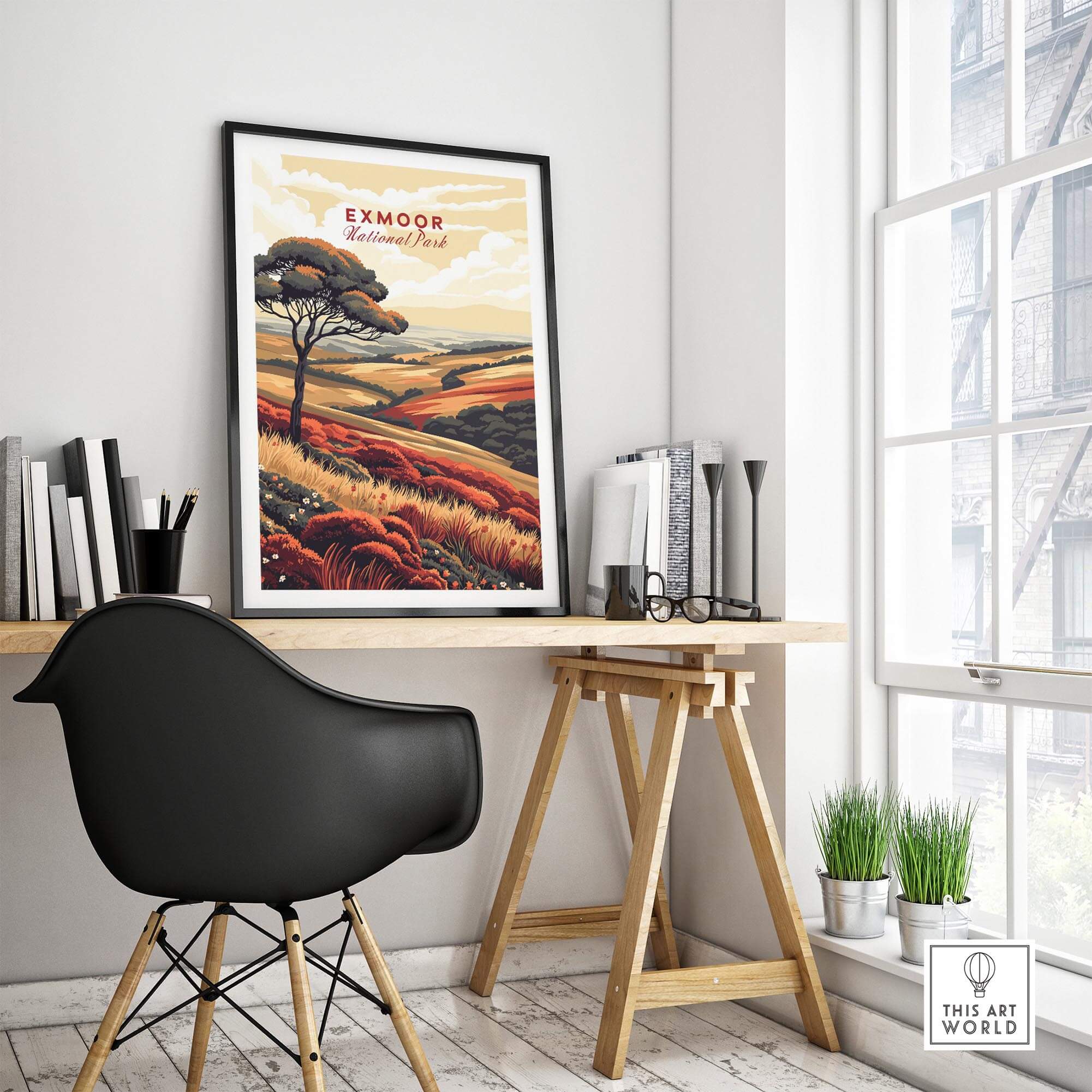 Exmoor Art Print displayed in a stylish home office setting, showcasing vibrant landscapes of UK National Parks.