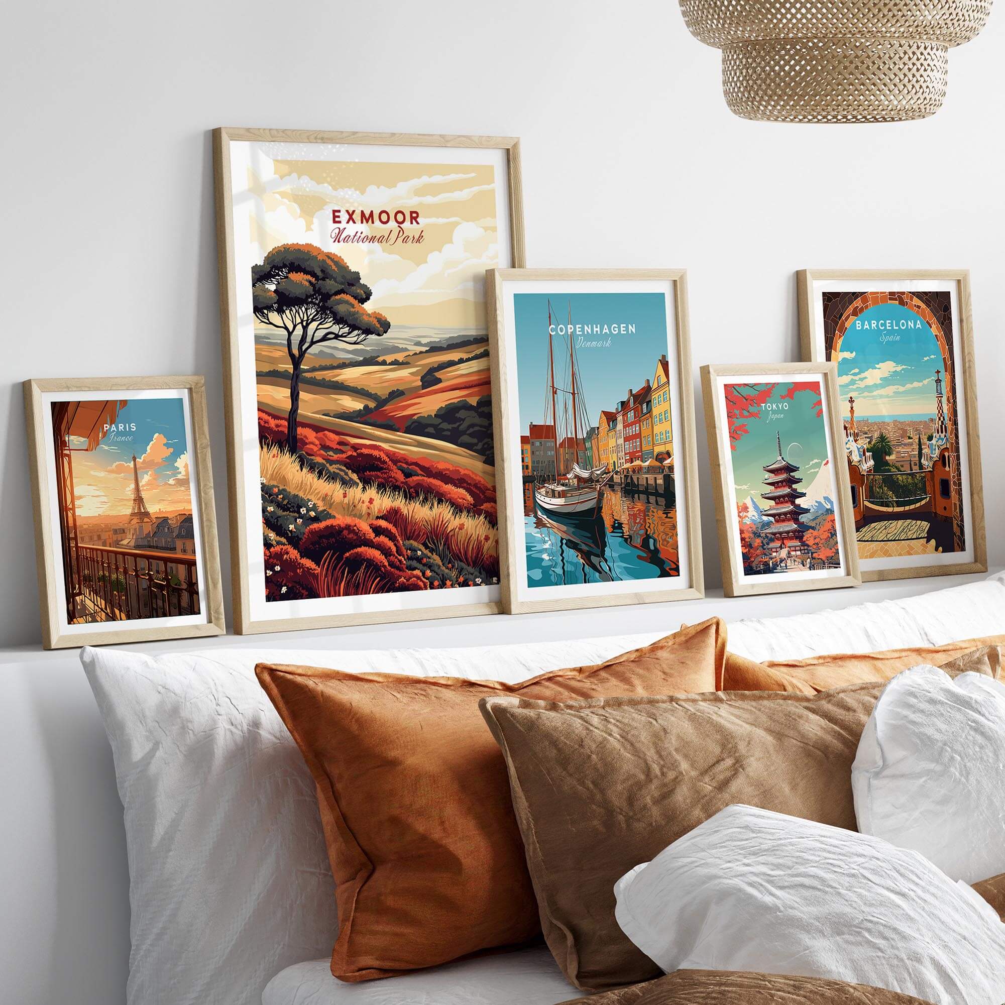 Exmoor Art Print displayed alongside other travel art prints in a cozy home setting.