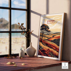 Exmoor Art Print displayed on a wooden table, showcasing vibrant landscapes of Exmoor National Park.