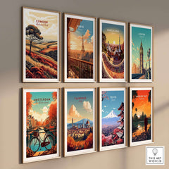 Exmoor Art Print and other city art prints displayed on a wall, showcasing vibrant landscapes and iconic landmarks.