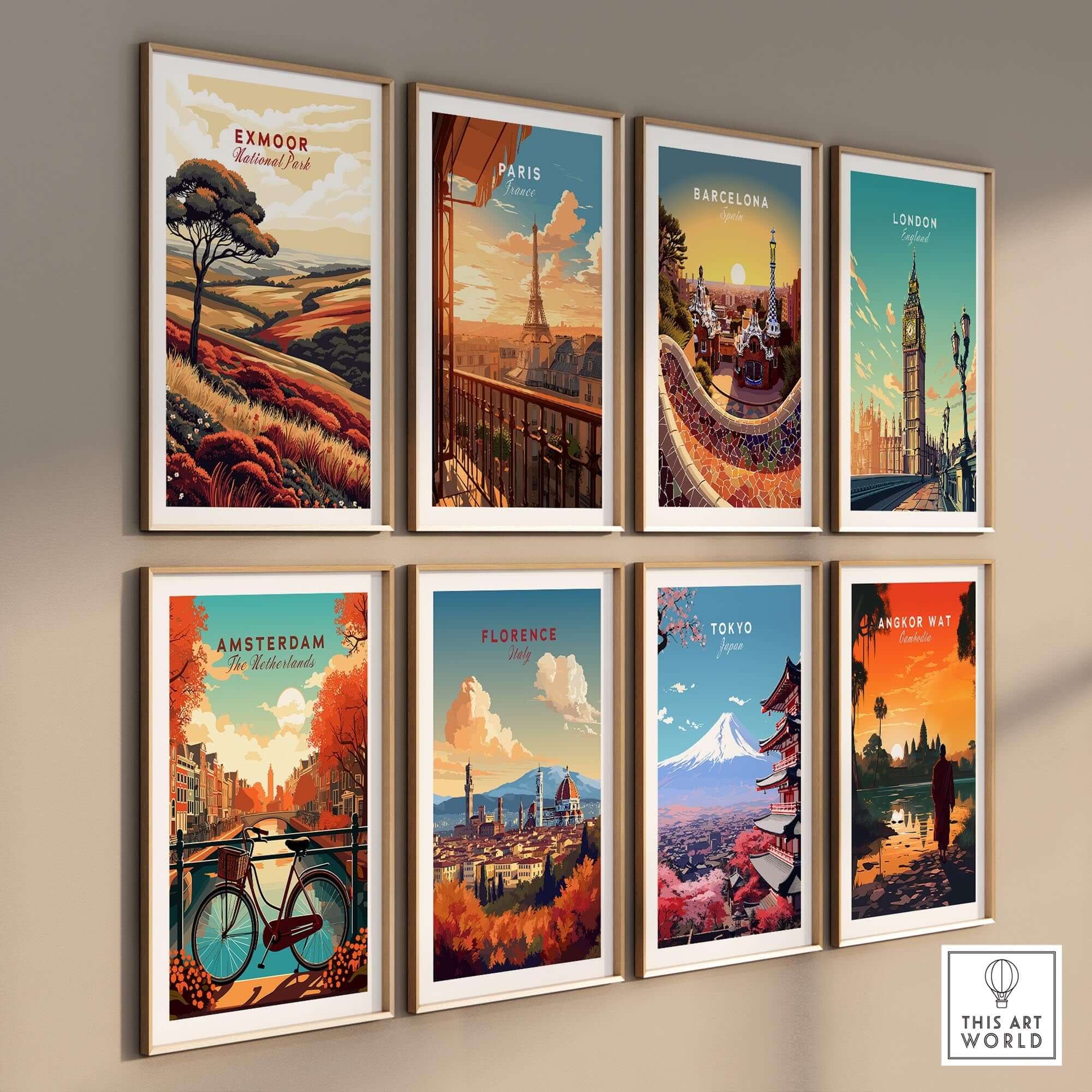 Exmoor Art Print and other city art prints displayed on a wall, showcasing vibrant landscapes and iconic landmarks.