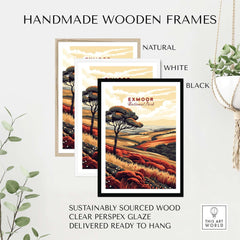 Exmoor Art Print displayed in handmade wooden frames in natural, white, and black finishes.