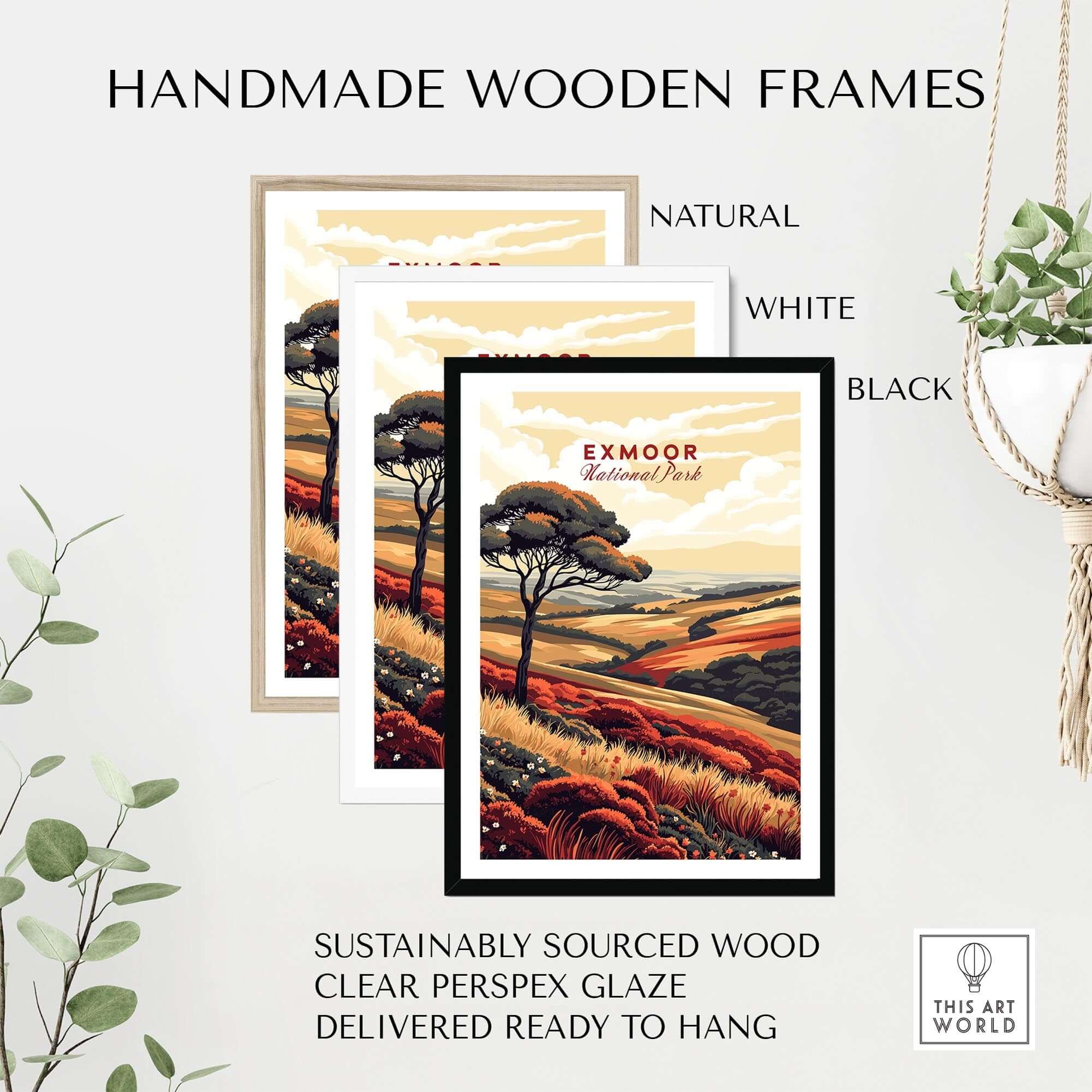 Exmoor Art Print displayed in handmade wooden frames in natural, white, and black finishes.
