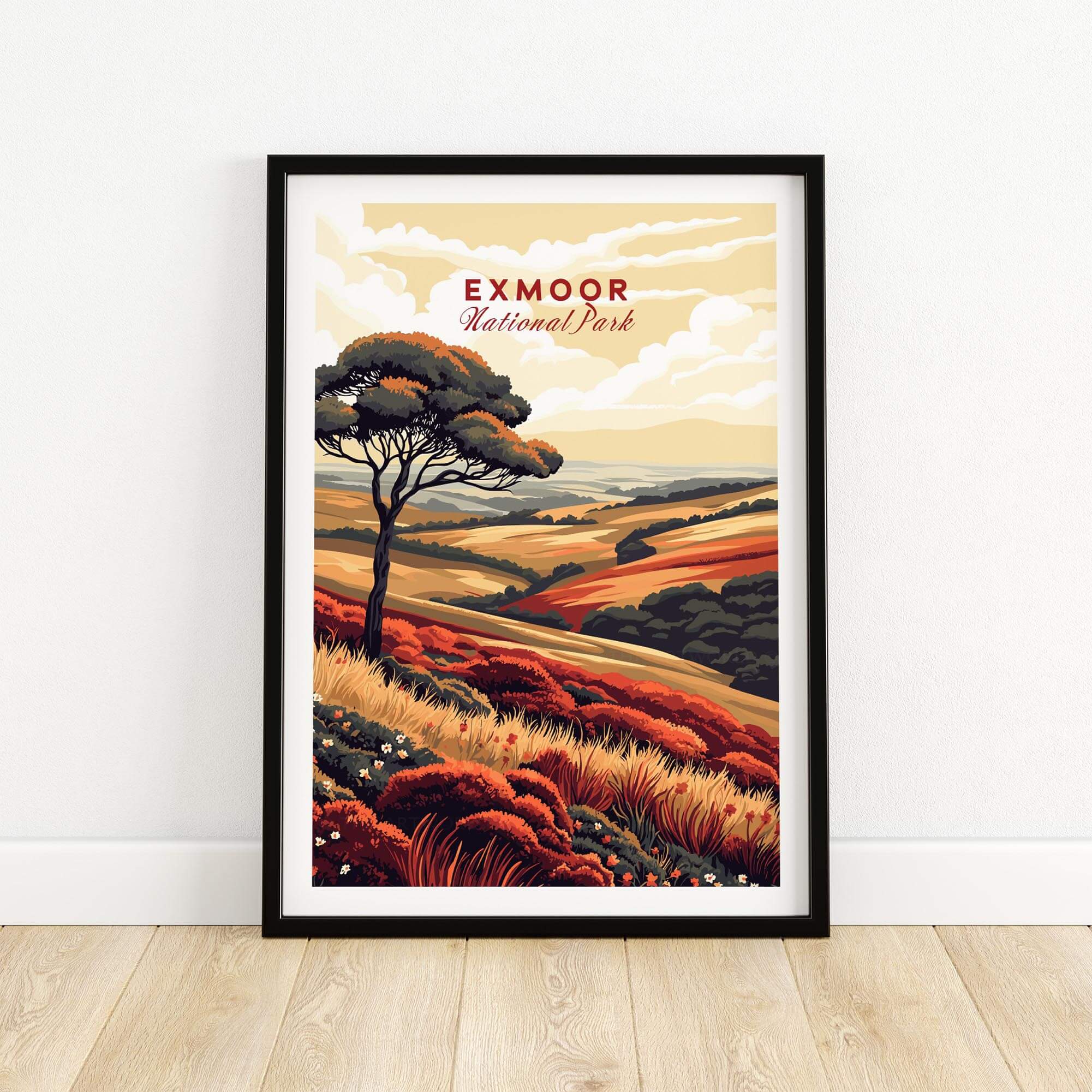 Exmoor Art Print featuring vibrant landscapes and a tree in the UK National Park, showcasing natural beauty.