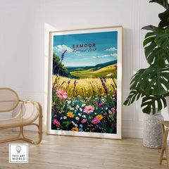 Exmoor National Park Wall Art featuring vibrant wildflowers and scenic landscapes in a stylish interior setting.