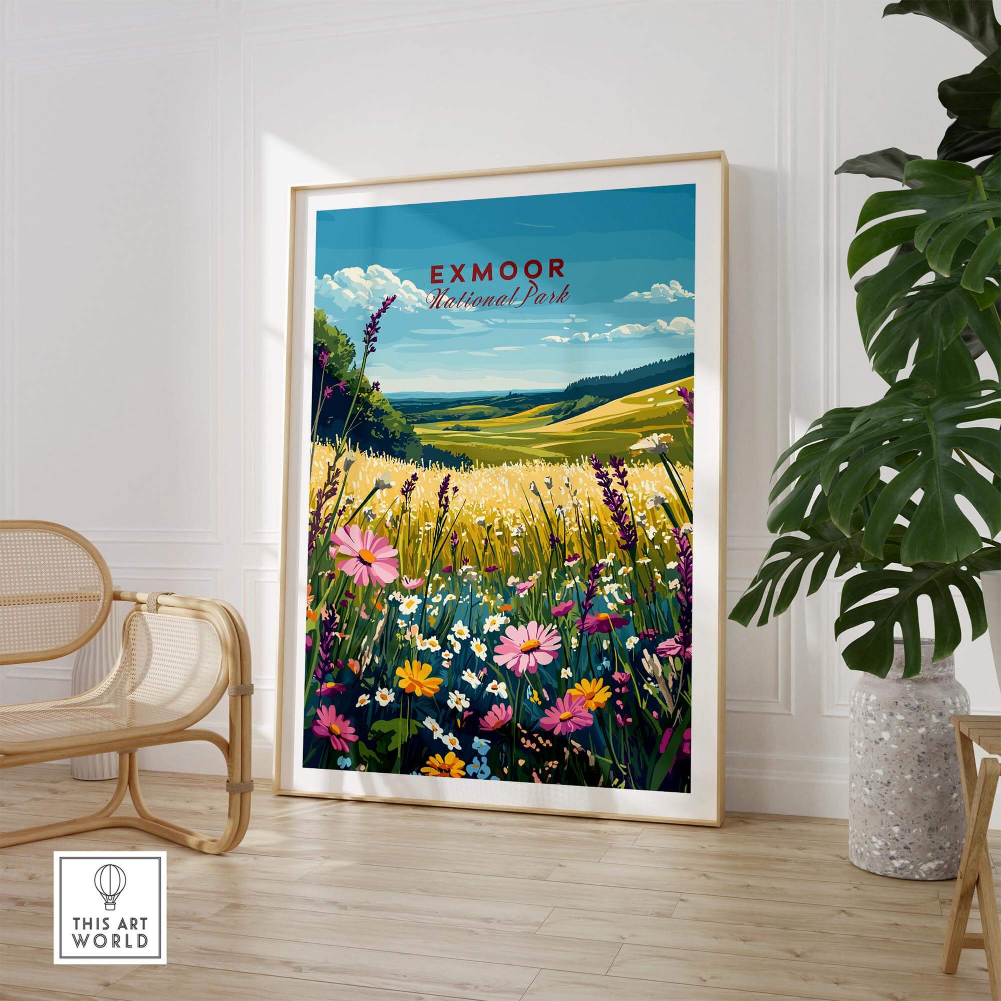 Exmoor National Park Wall Art featuring vibrant wildflowers and scenic landscapes in a stylish interior setting.