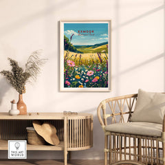Exmoor National Park Wall Art showcasing vibrant flowers and stunning landscapes of Exmoor in a stylish living room setting.