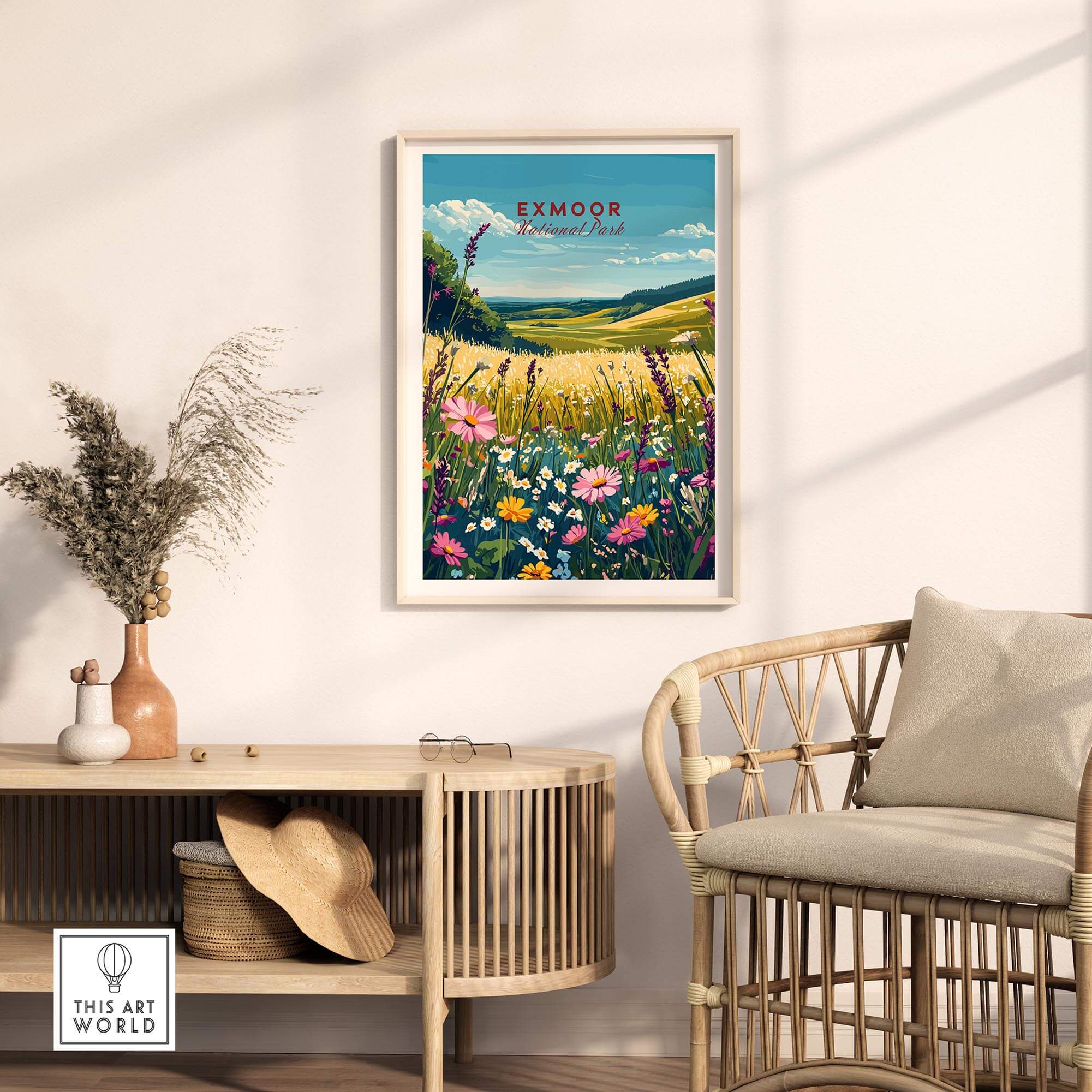Exmoor National Park Wall Art showcasing vibrant flowers and stunning landscapes of Exmoor in a stylish living room setting.