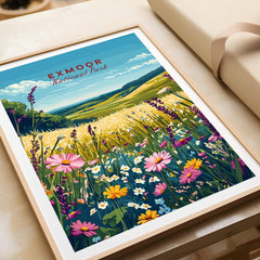 Exmoor National Park Wall Art featuring vibrant wildflowers and scenic hills in a beautifully framed print.