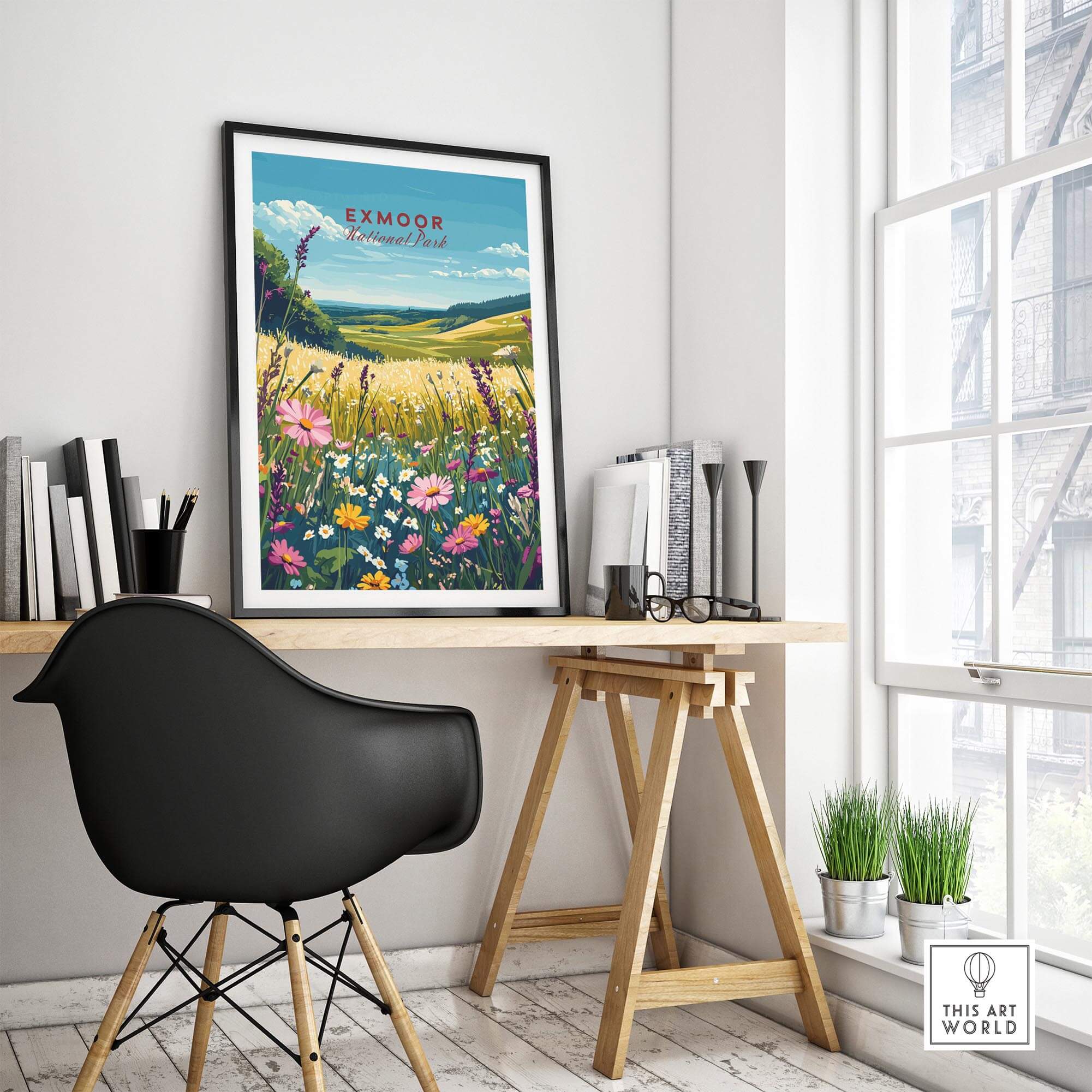 Exmoor National Park Wall Art featuring vibrant flowers and scenic landscapes in a stylish home office setting.