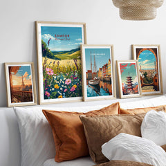 Exmoor National Park Wall Art featuring vibrant nature scenes and travel posters in a stylish home setting.