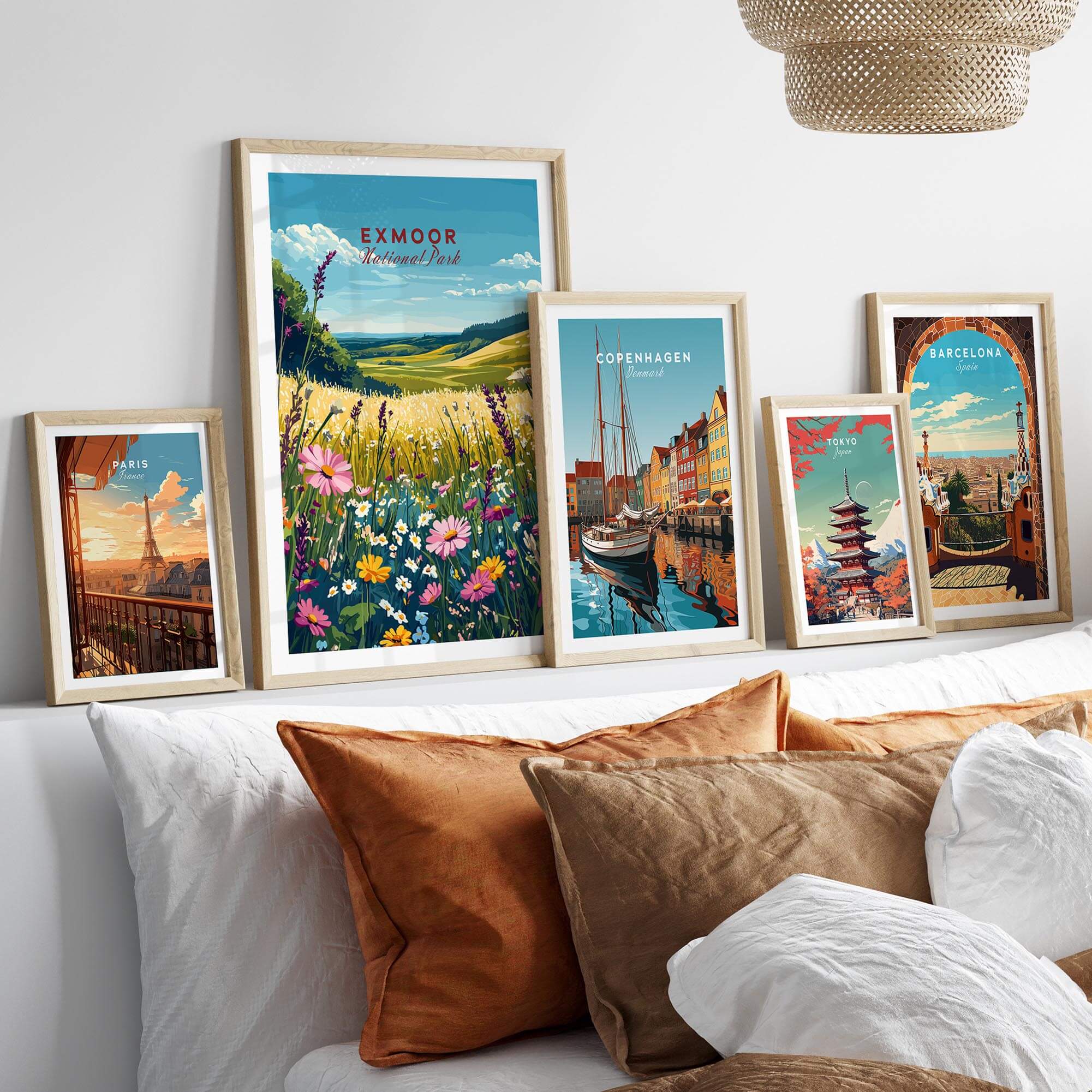 Exmoor National Park Wall Art featuring vibrant nature scenes and travel posters in a stylish home setting.