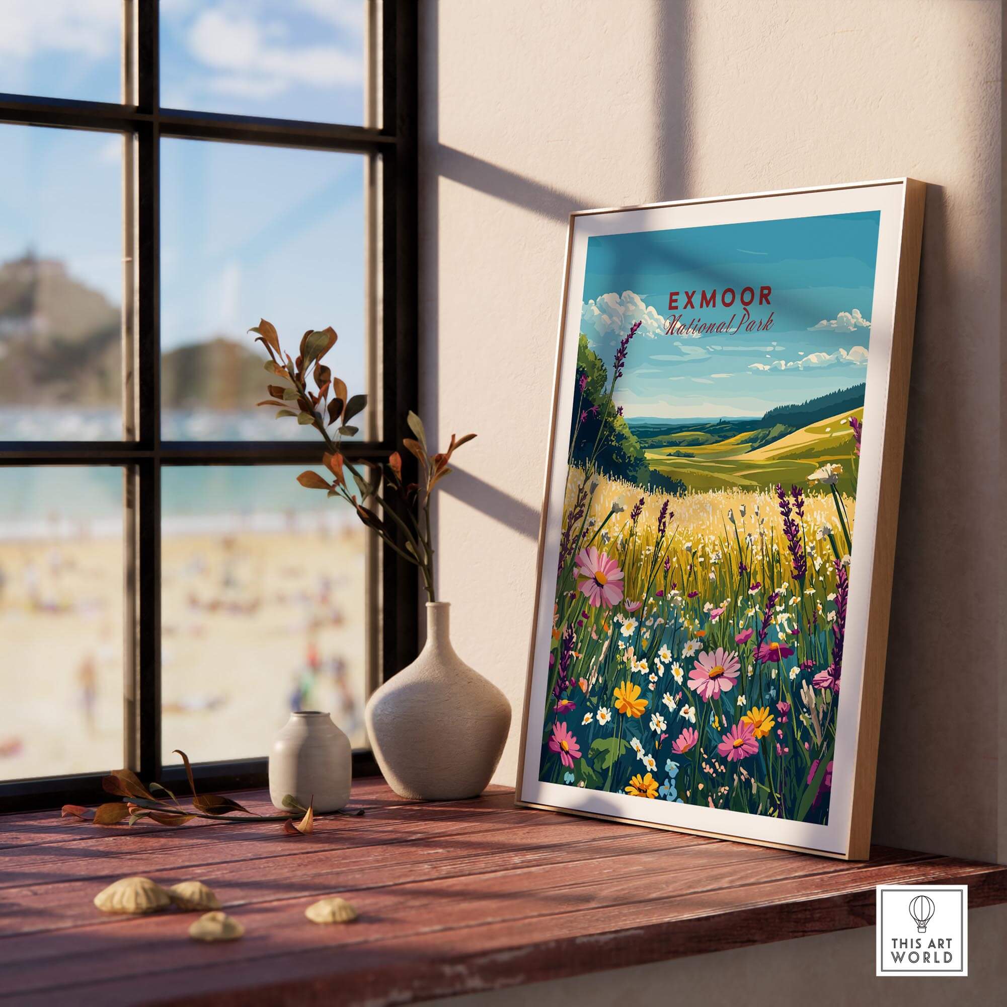 Exmoor National Park Wall Art featuring vibrant flowers and a scenic landscape by the coast.
