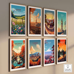Exmoor National Park Wall Art featuring vibrant travel posters of iconic cities like Paris, London, and Tokyo.