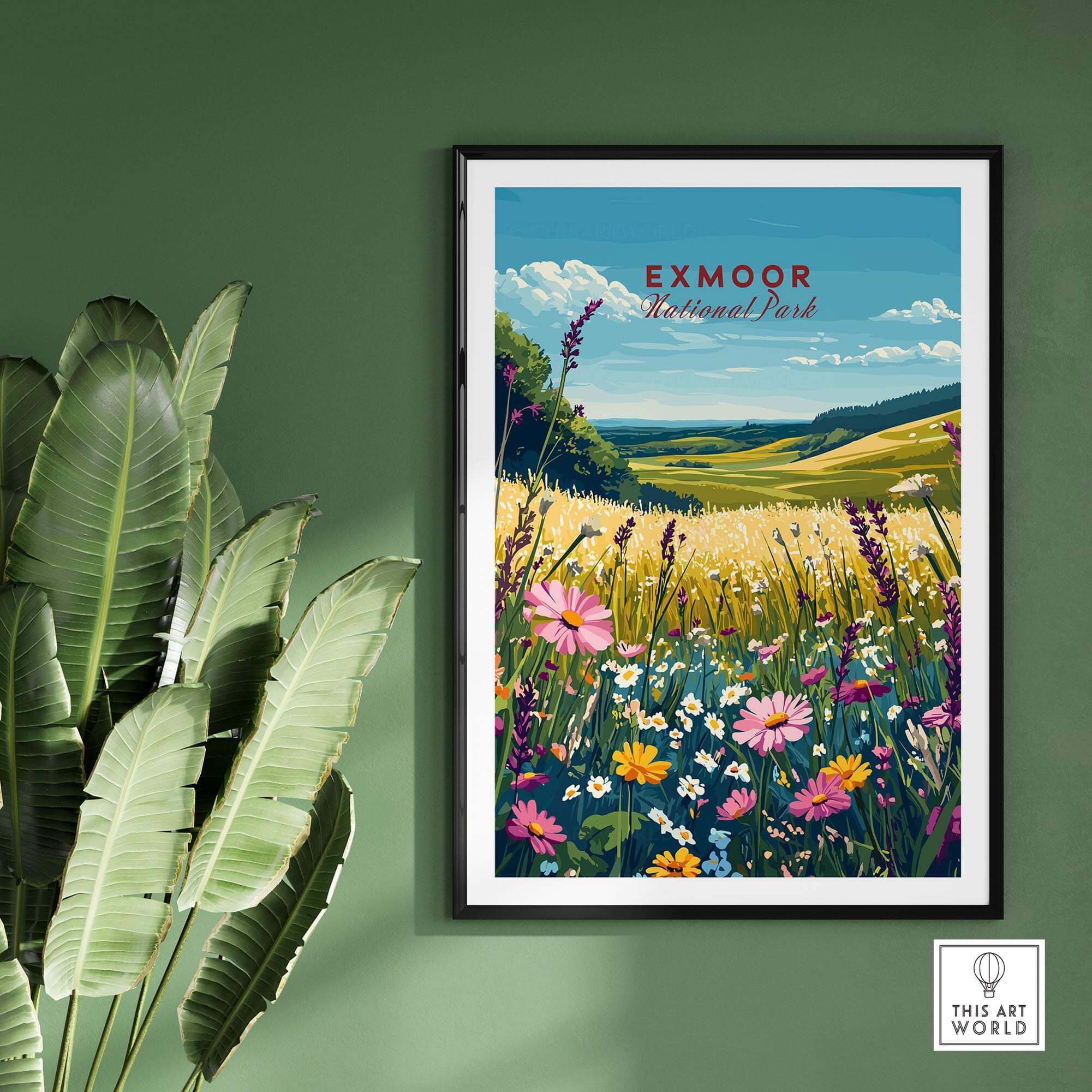 Exmoor National Park Wall Art featuring vibrant flowers and rolling hills in a stunning nature scene.