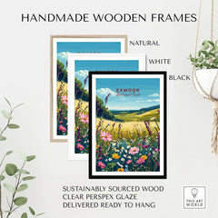 Exmoor National Park Wall Art displayed in handmade wooden frames in natural, white, and black colors.