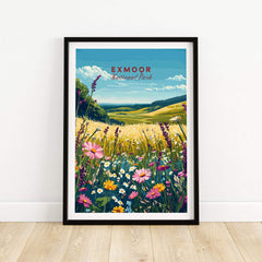 Exmoor National Park Wall Art featuring vibrant flowers and stunning landscapes in a framed print.