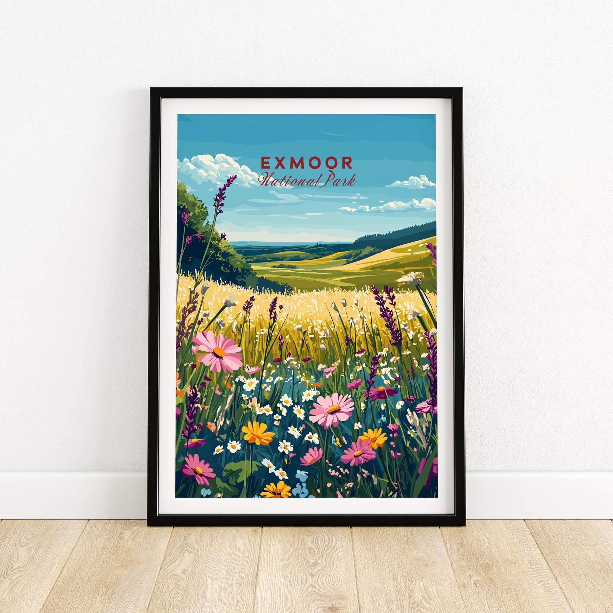 Exmoor National Park Wall Art featuring vibrant flowers and stunning landscapes in a framed print.