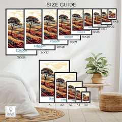 Size guide for Exmoor Poster prints showcasing various dimensions and display options in a home setting.
