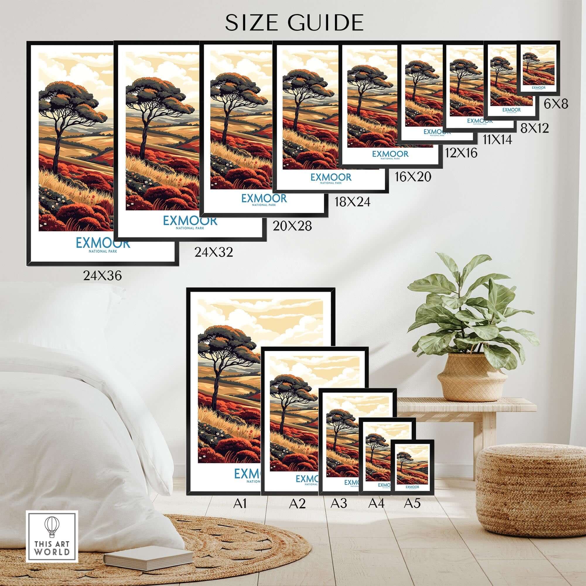 Size guide for Exmoor Poster prints showcasing various dimensions and display options in a home setting.