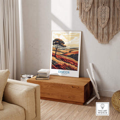 Exmoor Poster displayed in a neutral living room setting, showcasing breathtaking Exmoor National Park landscapes.