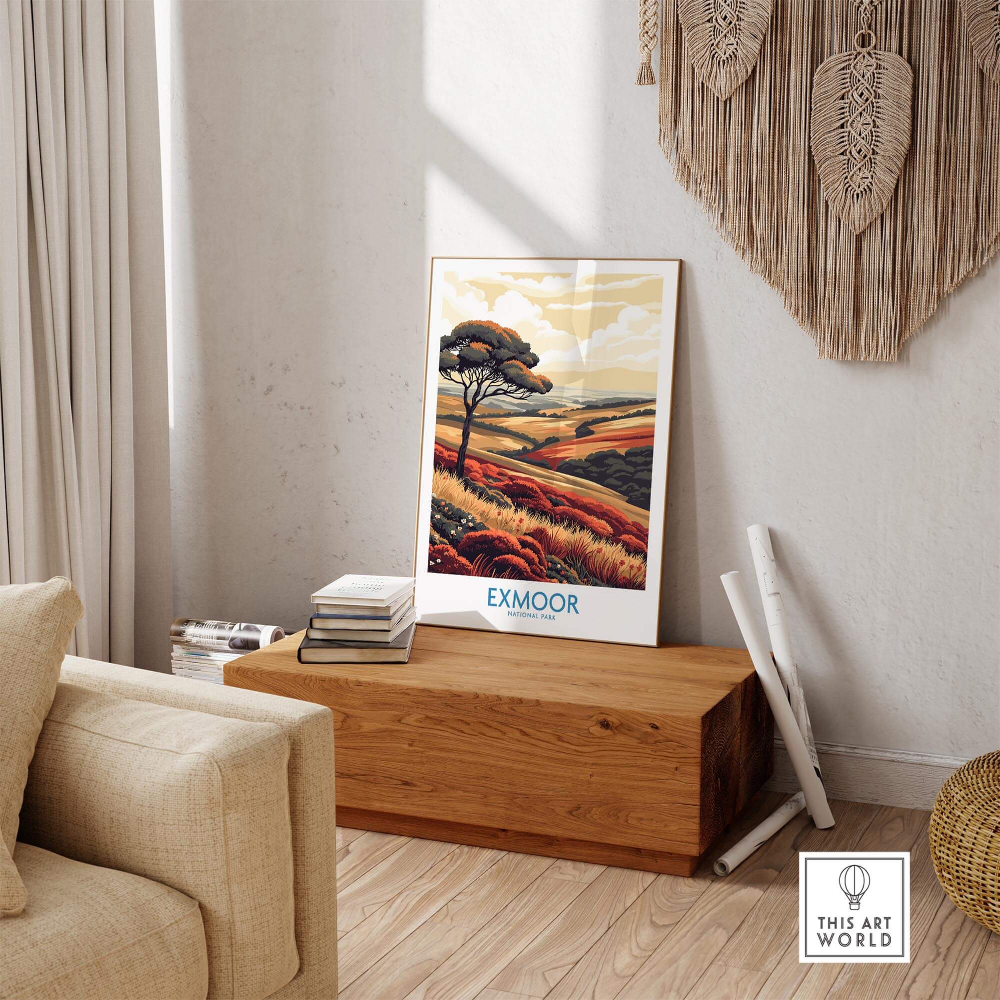 Exmoor Poster displayed in a neutral living room setting, showcasing breathtaking Exmoor National Park landscapes.