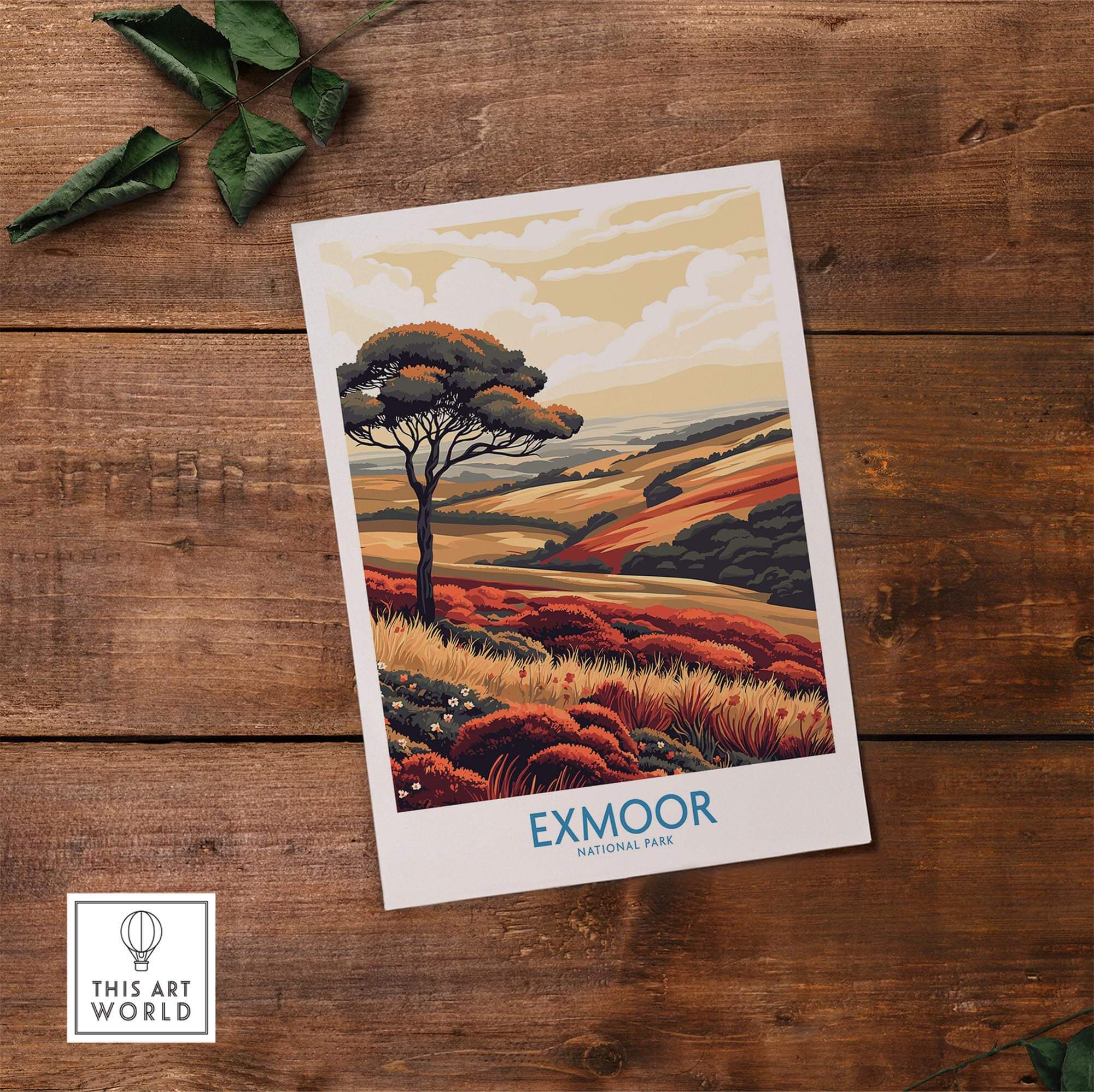 Exmoor Poster showcasing the stunning landscapes of Exmoor National Park on rustic wooden background.