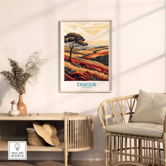 Exmoor Poster displayed in a stylish living room setting, showcasing vibrant landscapes of Exmoor National Park.