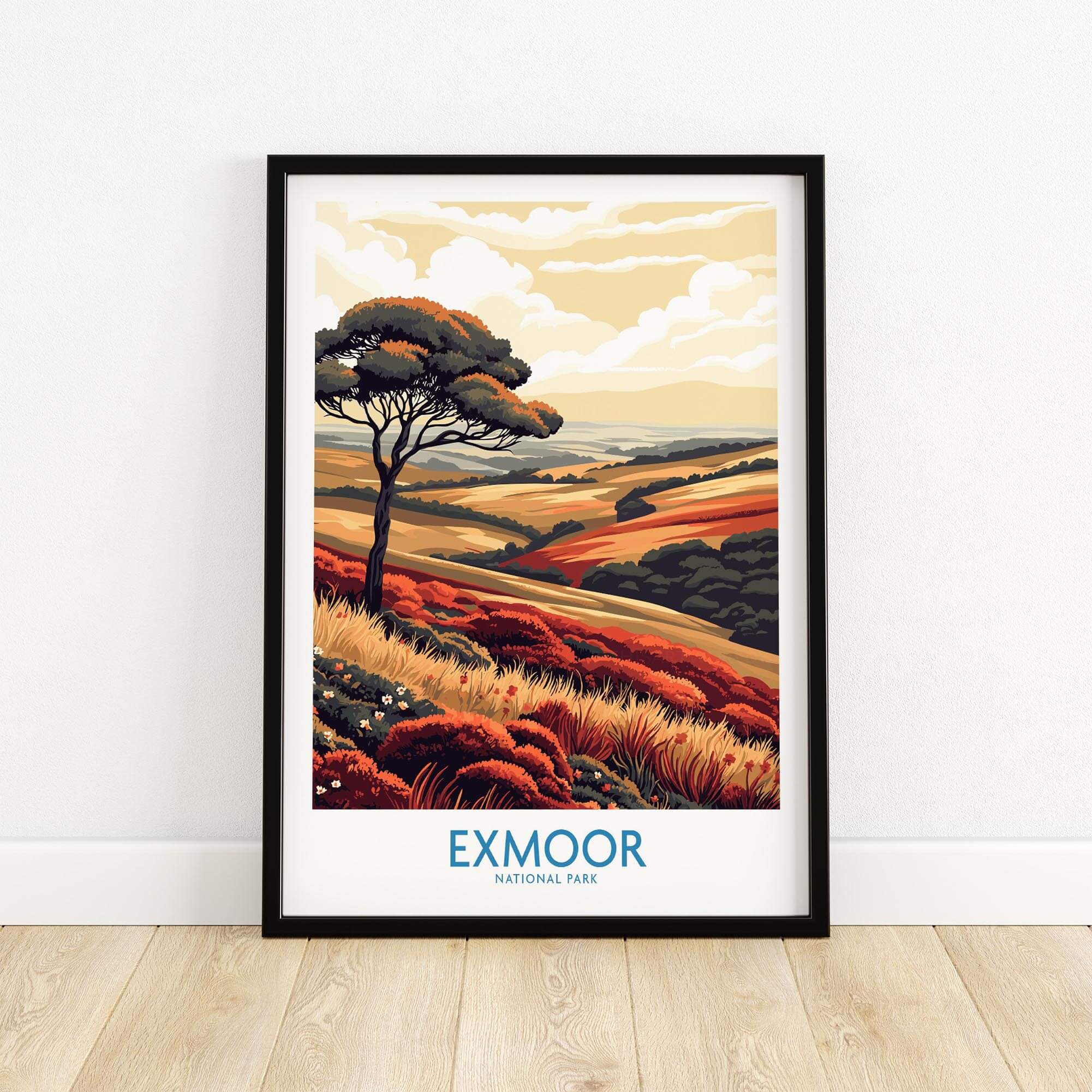 Exmoor Poster showcasing a beautiful landscape of Exmoor National Park with vibrant colors and wildlife.
