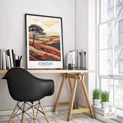 Exmoor Poster showcasing vibrant landscapes and wildlife in a stylish home office setting.