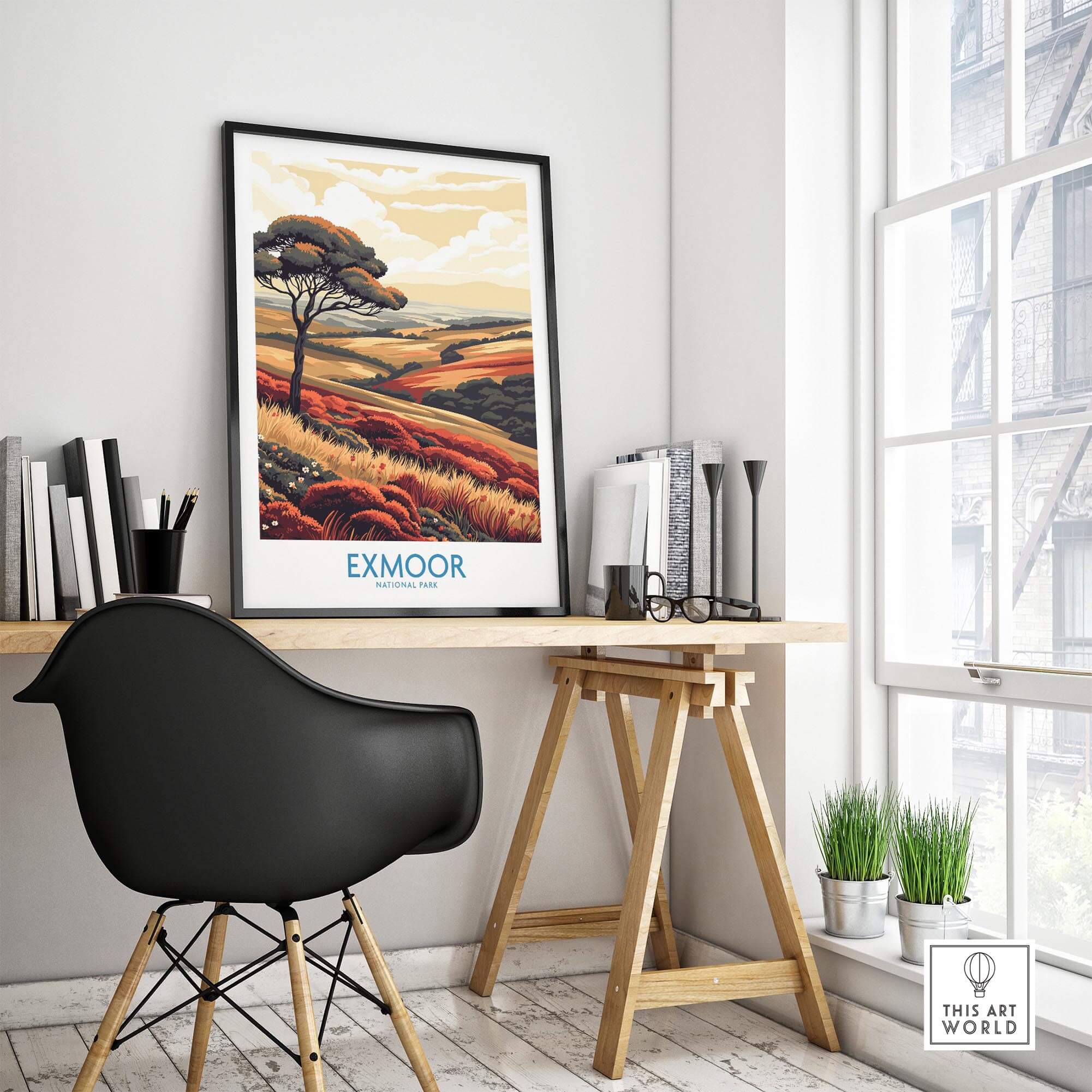 Exmoor Poster showcasing vibrant landscapes and wildlife in a stylish home office setting.