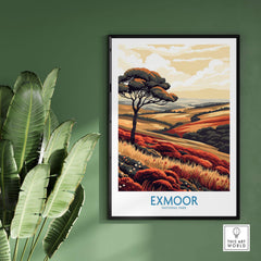Exmoor Poster featuring a scenic view of Exmoor National Park displayed on a green wall.