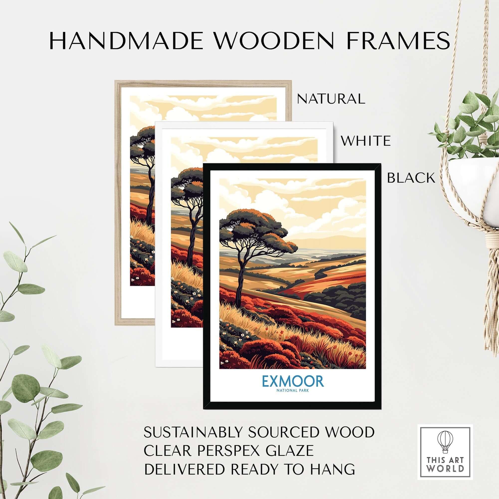 Exmoor Poster displayed in handmade wooden frames in natural, white, and black finishes.