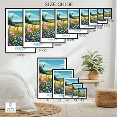 Exmoor Poster National Park size guide showcasing various frame sizes in a cozy home setting.