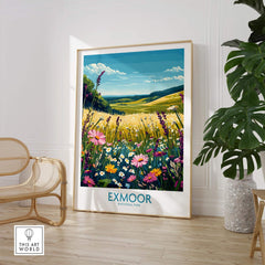 Exmoor Poster National Park showcasing vibrant flowers and scenic views of Exmoor National Park in a stylish interior setting.
