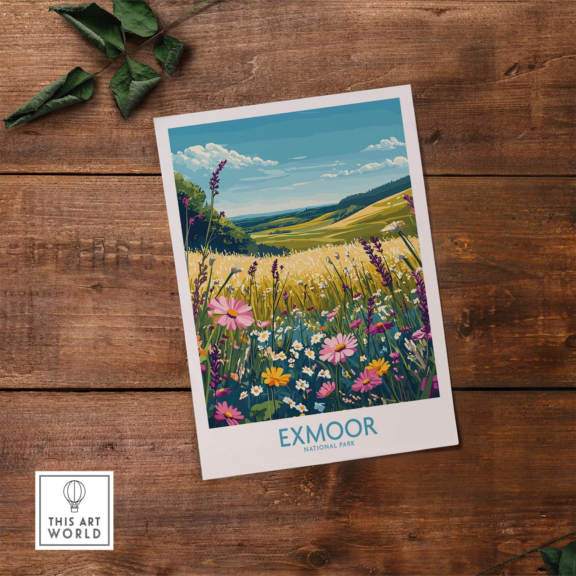 Exmoor Poster National Park showcasing vibrant flowers and rolling hills in a beautiful nature print.