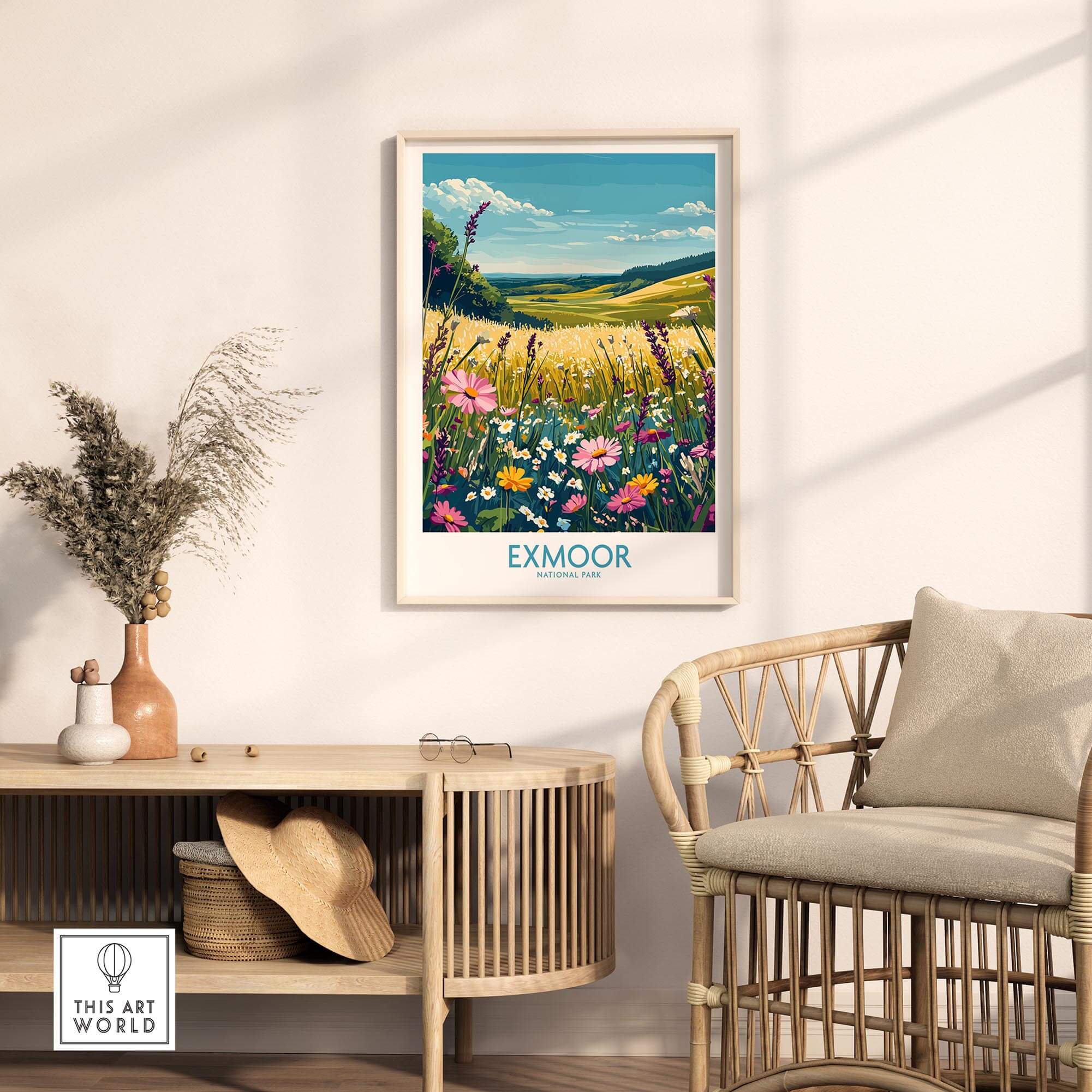 Exmoor Poster National Park displayed in a stylish interior showcasing colorful wildflowers and serene landscapes.