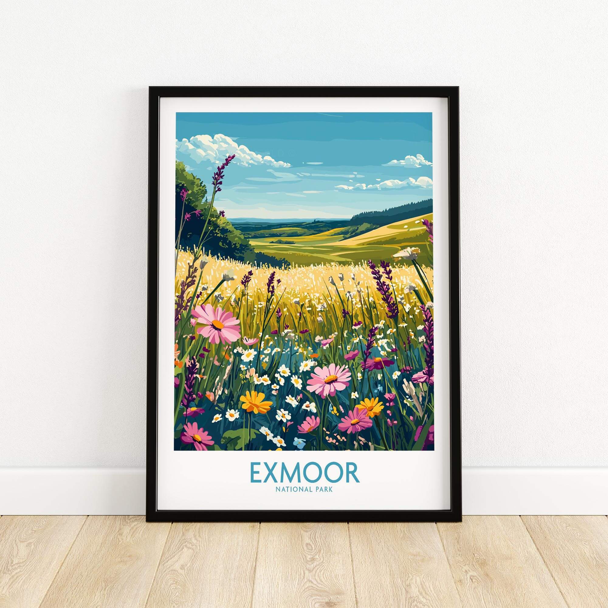 Exmoor Poster National Park showcasing vibrant flowers and a scenic landscape of Exmoor National Park.