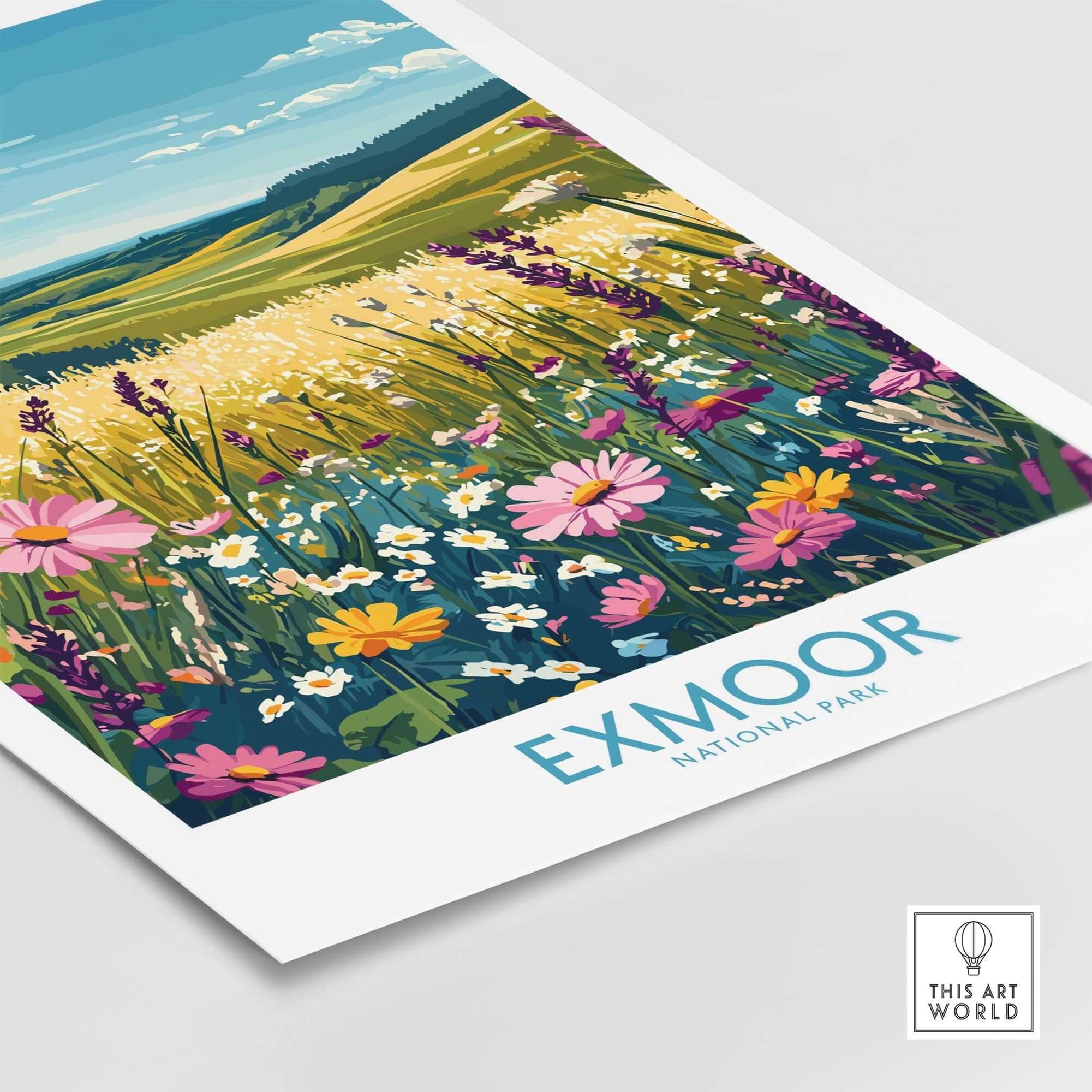 Exmoor Poster National Park showcasing vibrant flowers and scenic landscapes of Exmoor National Park.