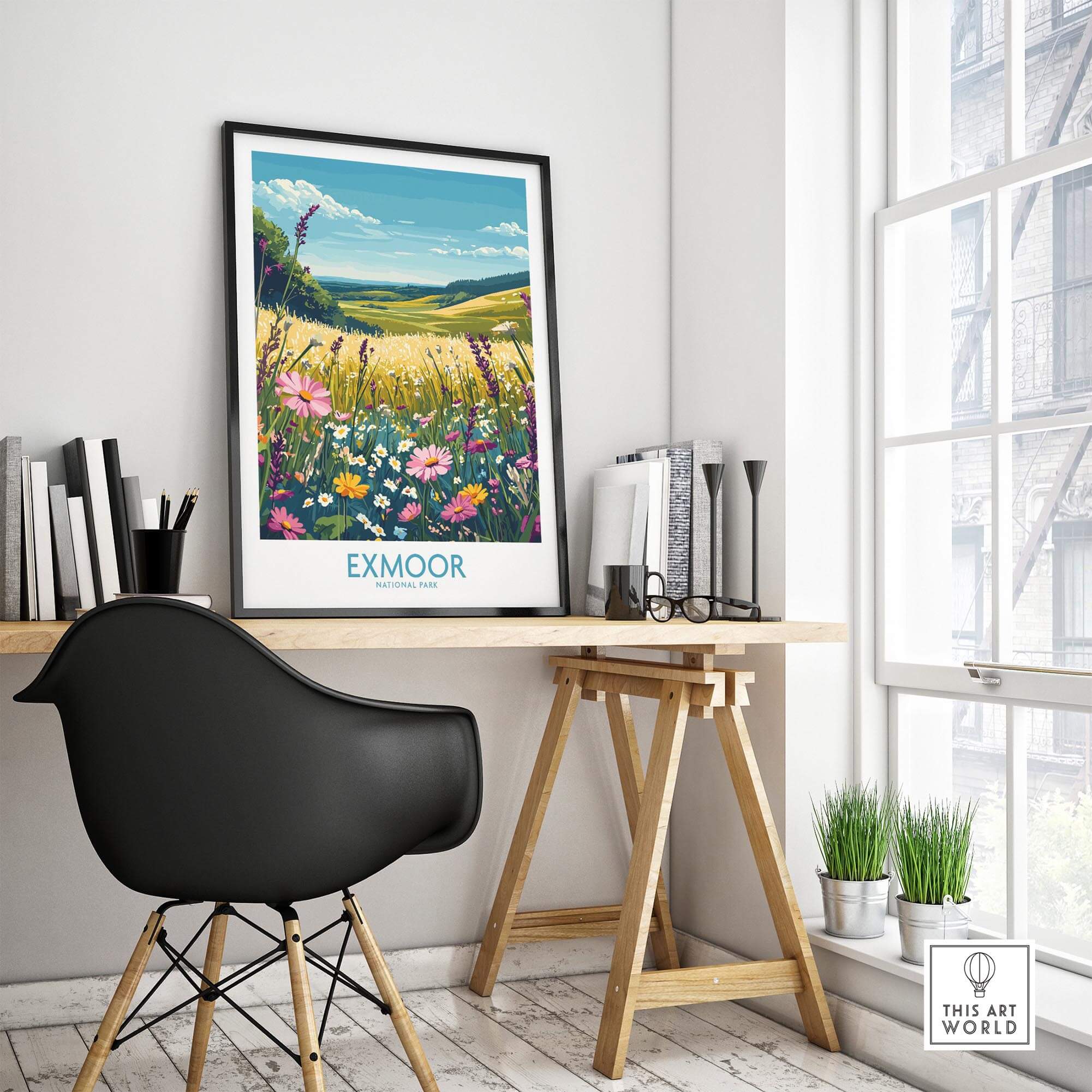 Exmoor Poster National Park displayed in a stylish home office setting featuring lush wildflowers and scenic landscape.