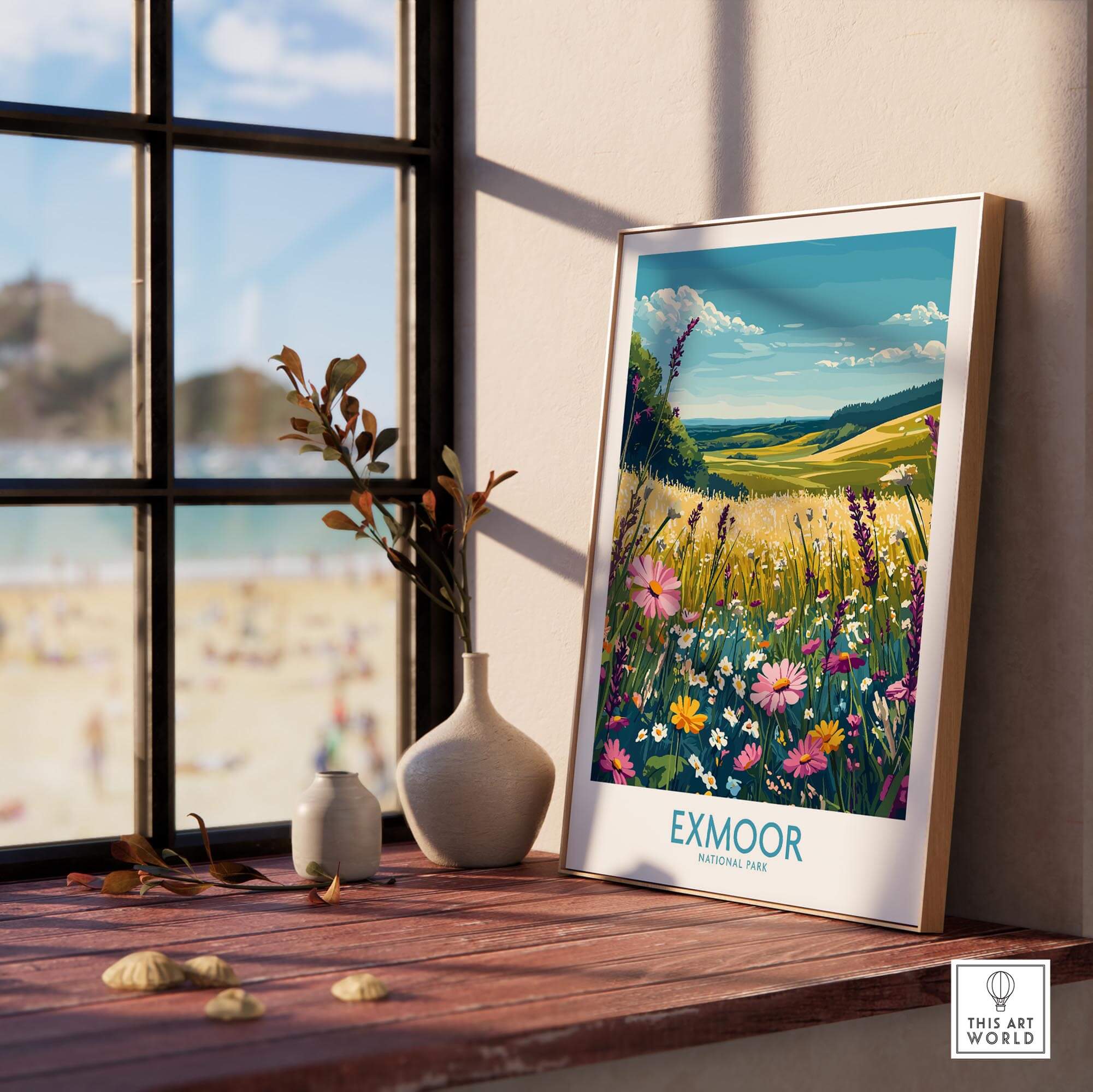 Exmoor Poster National Park displayed in a bright room, showcasing vibrant flowers and landscape details of Exmoor.