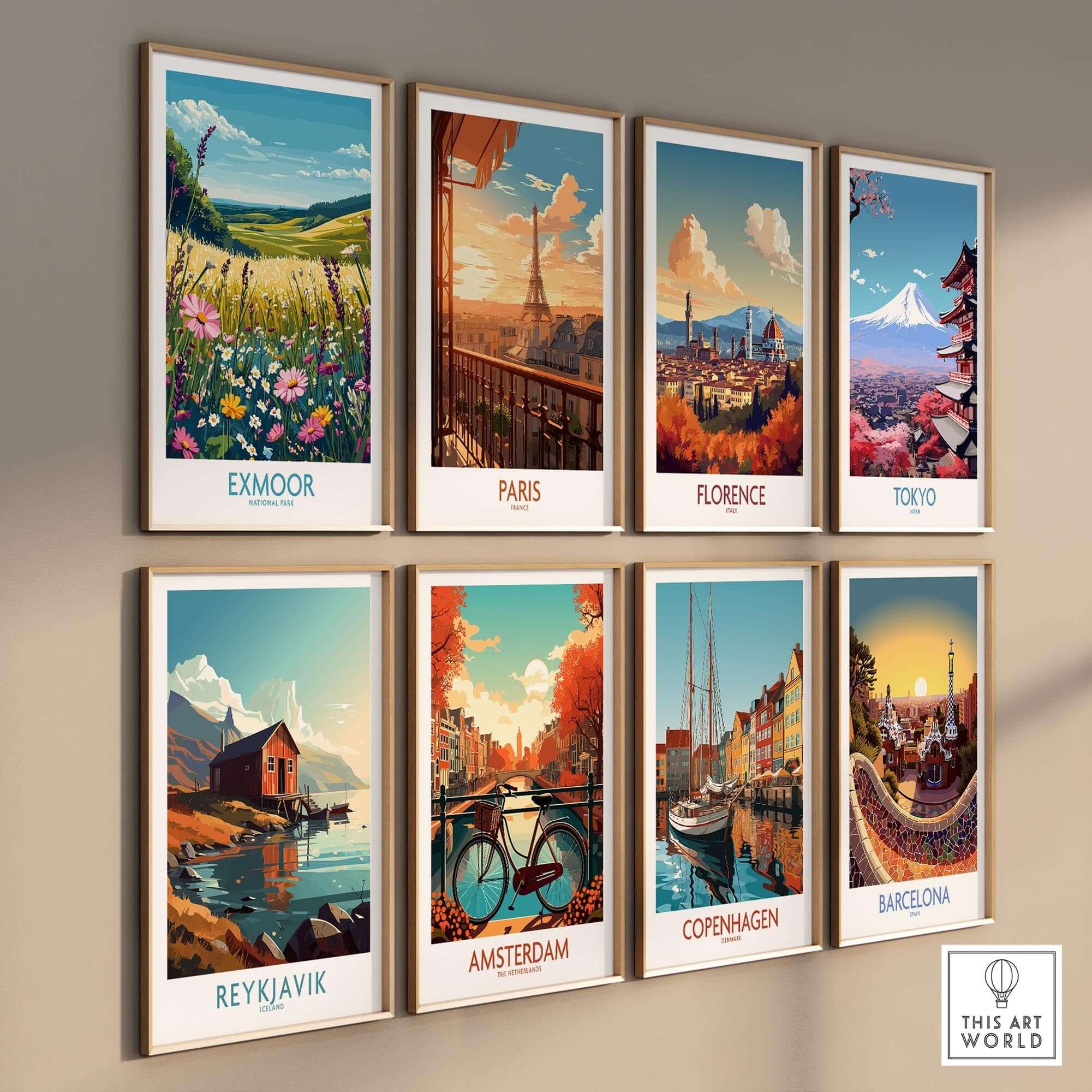 Exmoor Poster National Park amongst various travel posters showcasing famous cities and beautiful landscapes.