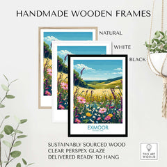 Exmoor Poster National Park framed in handmade wooden frames available in natural, white, and black.