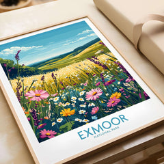 Exmoor Poster National Park featuring vibrant flowers and scenic landscapes, perfect for nature lovers.